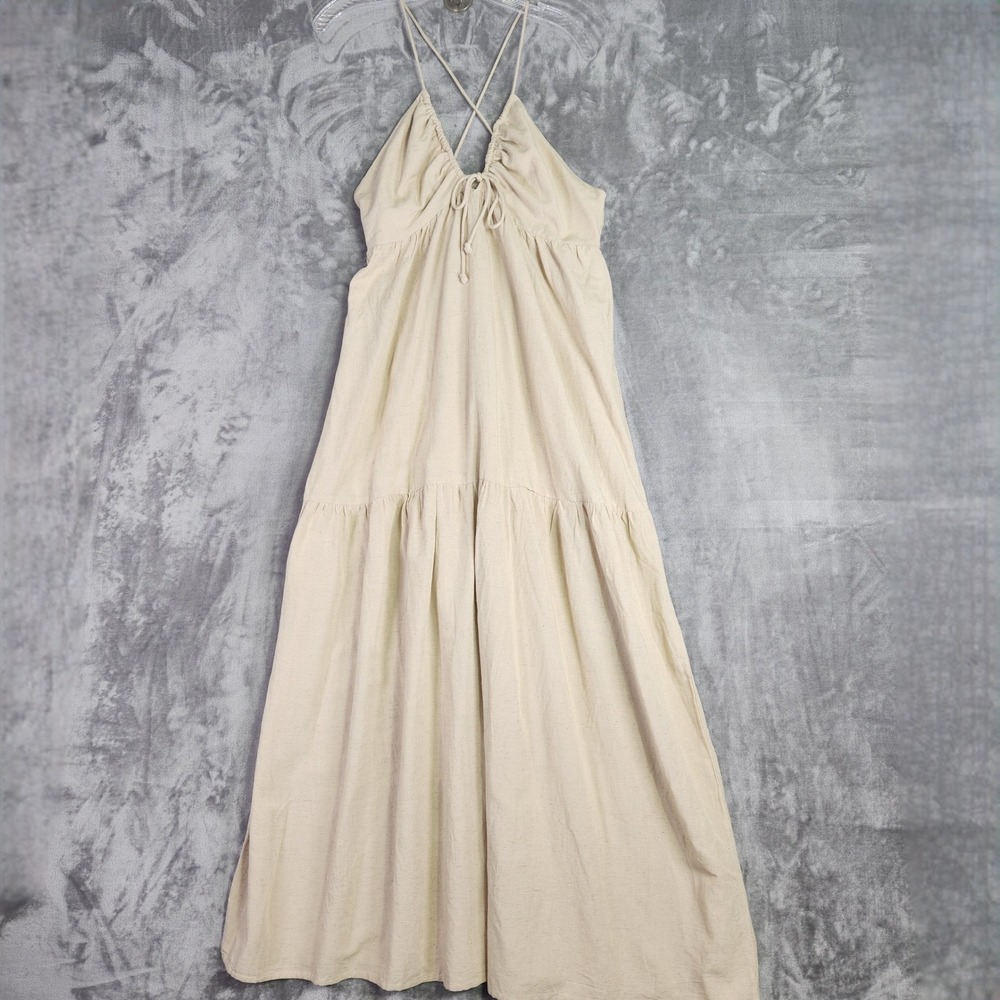 Sim & Sam Maxi Dress Womens L Khaki Linen Blend Tiered Boho Cottage Minimal